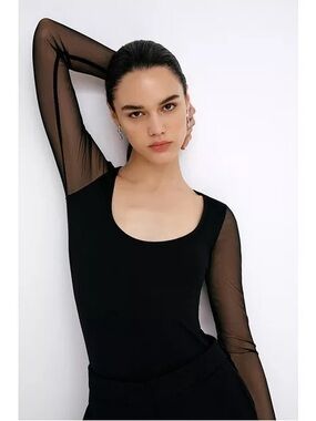Marcella NYC Parisa Jersey Bodice Long Mesh Sleeve Fitted Top Black XL